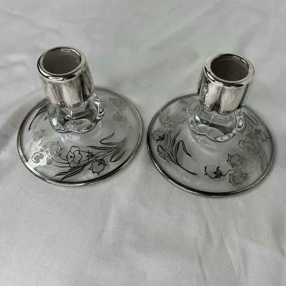 Candle Stick Holder Glass With Sterling Silver Overlay Floral Design vintage